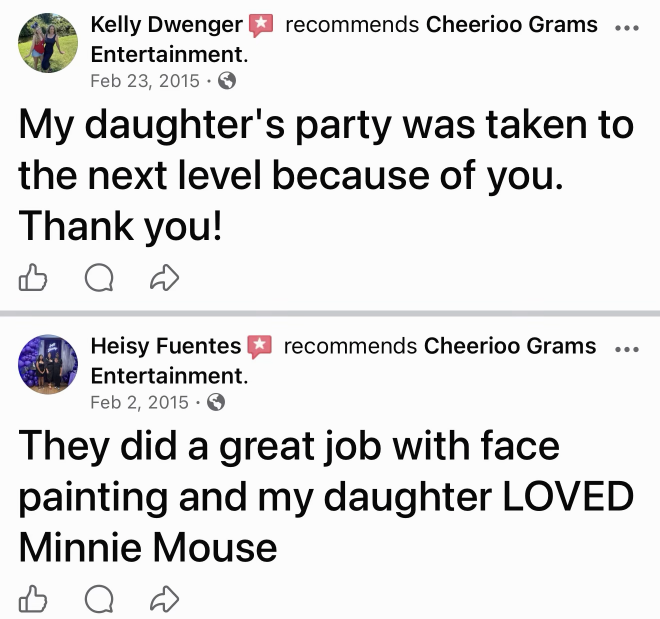 Facebook recommendations from Kelly Dwenger and Heisy Fuentes praising the party and the face painting.